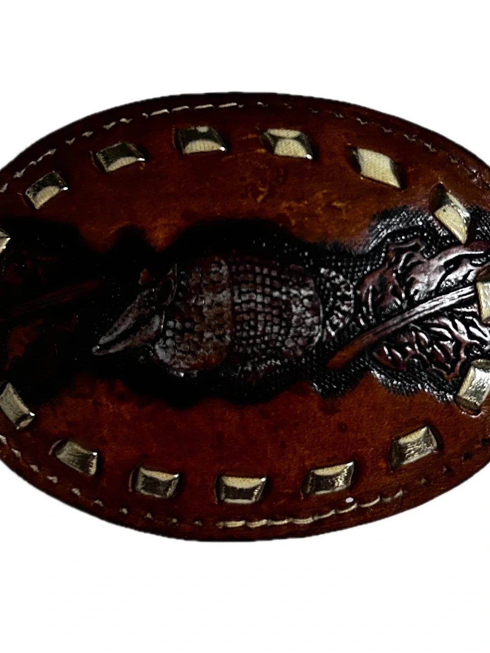 Tony Lama ~ Vintage ~ Brown ~ Armadillo Texas Western Leather Tooled Belt Buckle